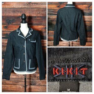 KIKIT Vintage Jean Jacket Blazer M Dark Indigo Denim Stretch Button Front